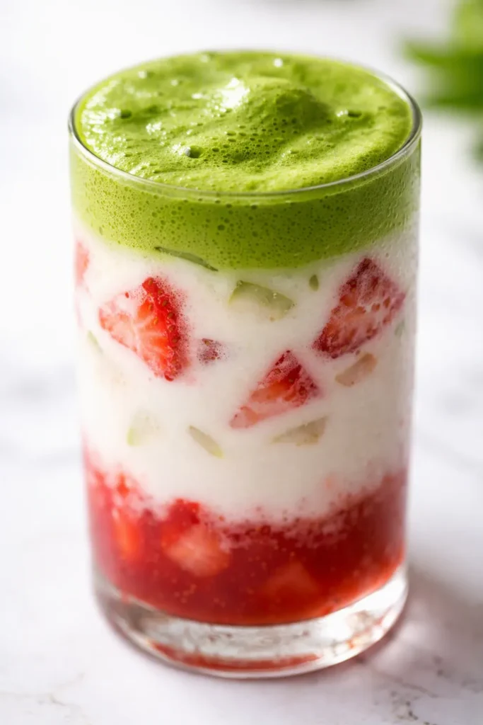Vibrant strawberry matcha latte with bright green matcha layer, sweet red strawberry puree, and creamy milk in a glass.