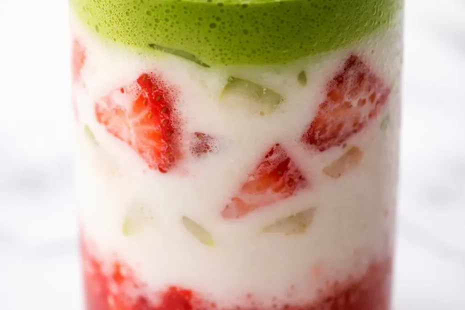 Vibrant strawberry matcha latte with bright green matcha layer, sweet red strawberry puree, and creamy milk in a glass.