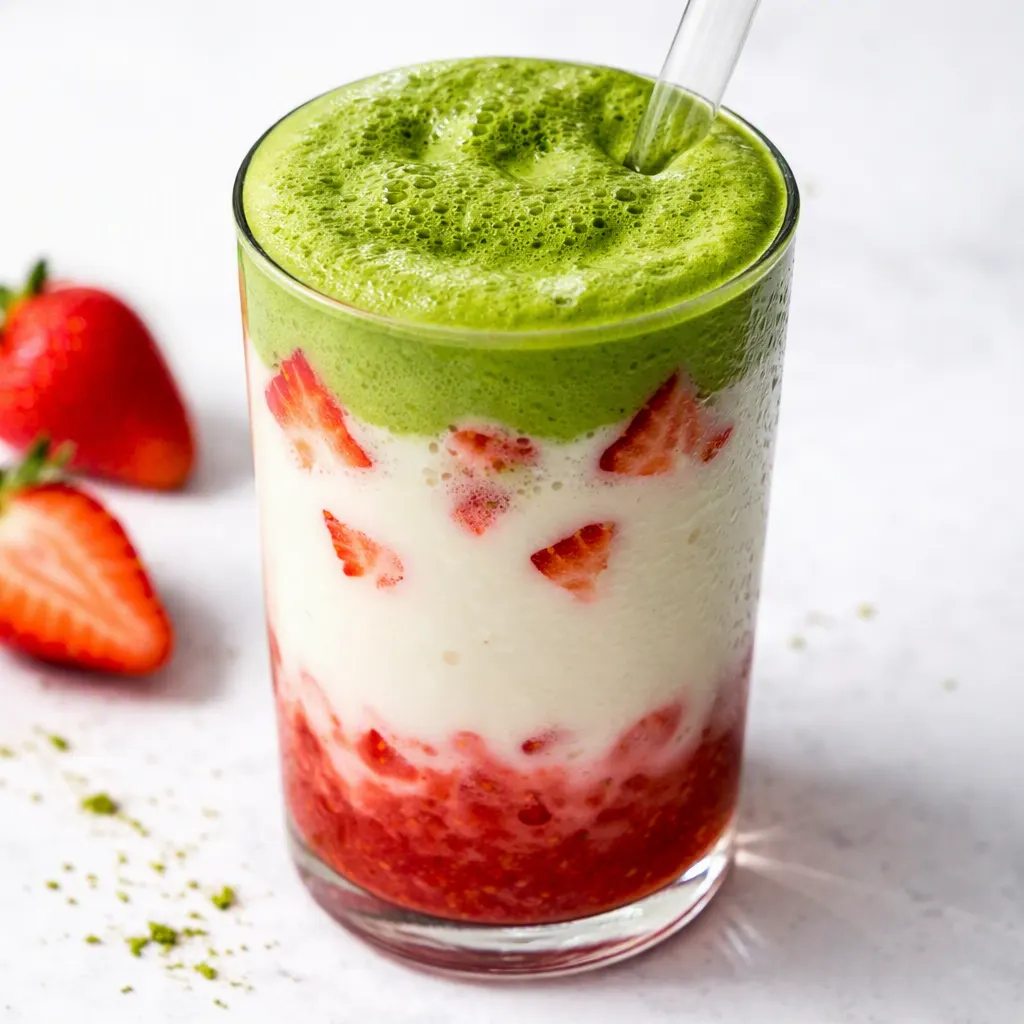 Layering strawberry puree, cold milk, and green matcha to make a strawberry matcha latte with creamy swirls.