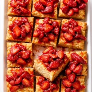 Layered strawberry shortcake bars with fresh sliced strawberries, piped whipped cream, and golden biscuit crust showing flaky texture and creamy filling.