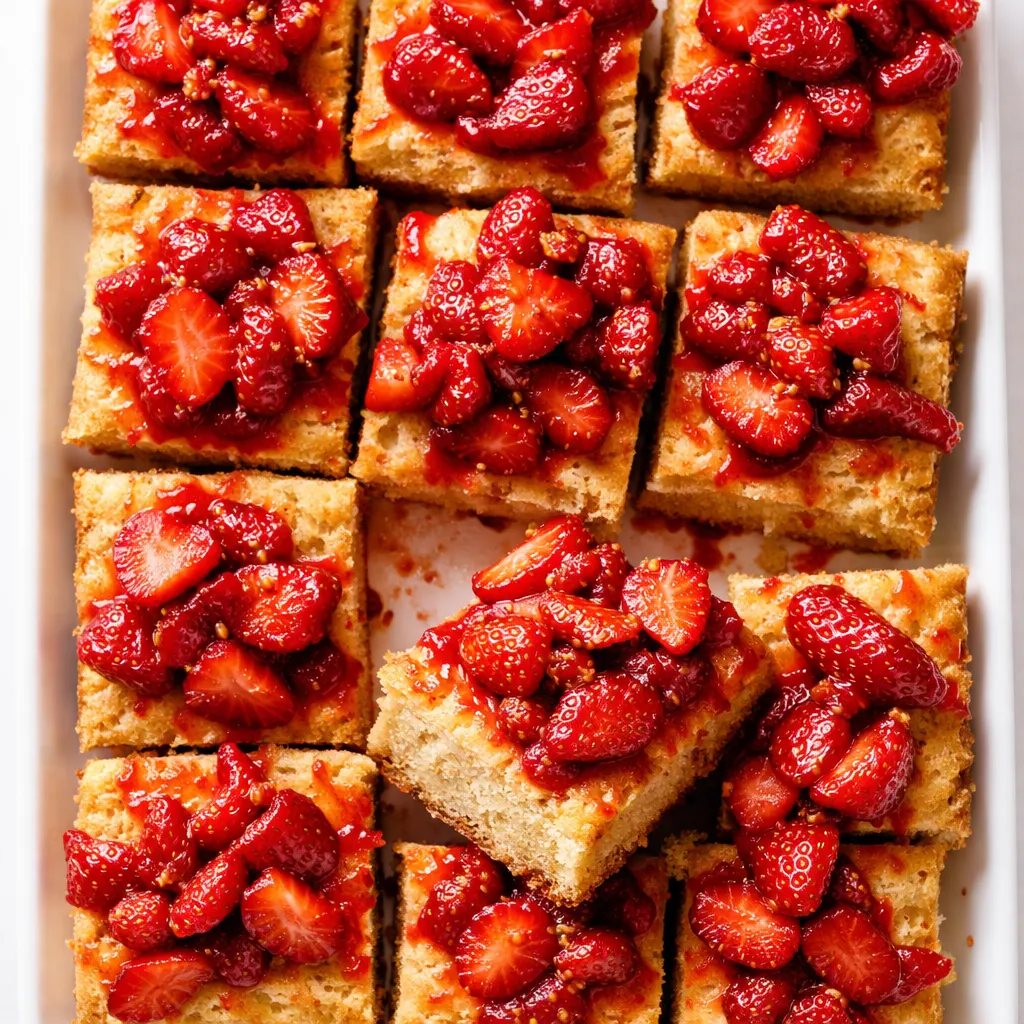 Layered strawberry shortcake bars with fresh sliced strawberries, piped whipped cream, and golden biscuit crust showing flaky texture and creamy filling.