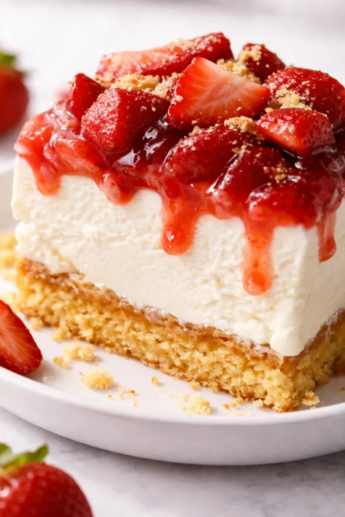 Strawberry shortcake ice cream cake with creamy vanilla ice cream, juicy strawberry slices, and crumbly shortcake layers, topped with whipped cream and a strawberry garnish.