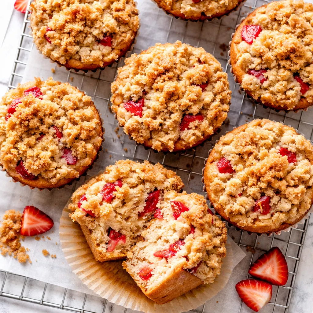 Tender buttery strawberry shortcake muffins bursting with fresh red berries, with golden brown tops and a crumbly texture.