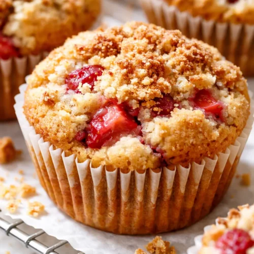 Strawberry shortcake muffins with tender, buttery crumb and generous chunks of fresh strawberries visible on golden tops