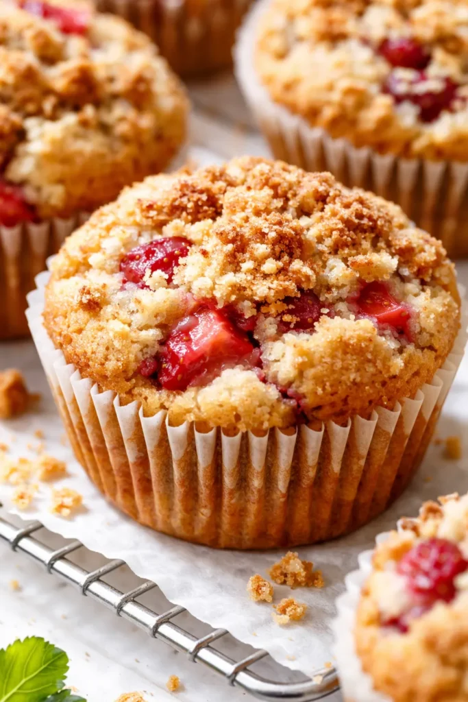 Strawberry shortcake muffins with tender, buttery crumb and generous chunks of fresh strawberries visible on golden tops