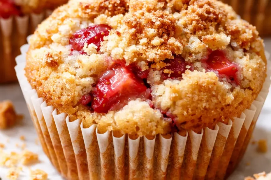 Strawberry shortcake muffins with tender, buttery crumb and generous chunks of fresh strawberries visible on golden tops