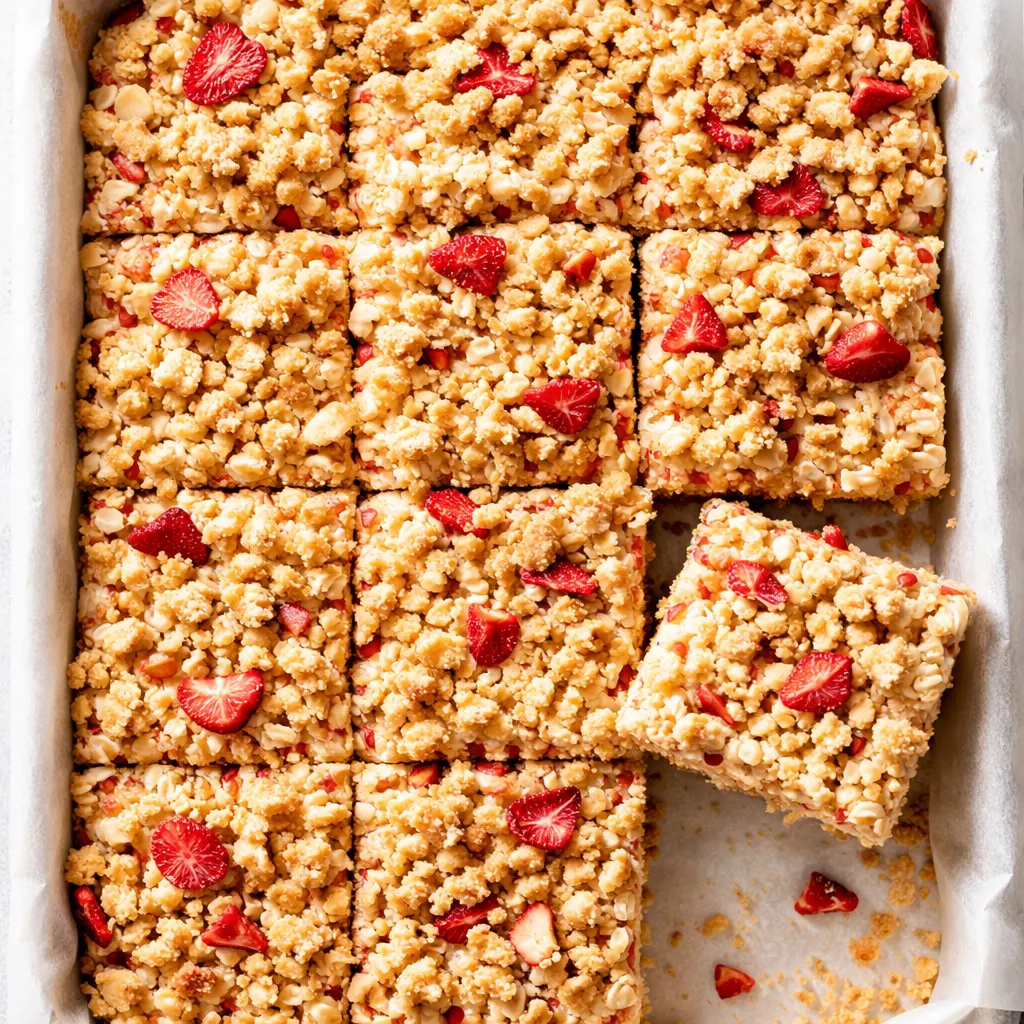 Mixing gooey marshmallow and fresh strawberry chunks with crispy rice cereal in a bowl, creating a pink-tinted Strawberry Shortcake Rice Krispie Treat batter with visible fruit pieces.