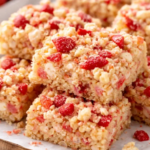 Golden brown strawberry shortcake rice krispie treats topped with fresh strawberries and whipped cream, showing crispy texture and creamy topping.