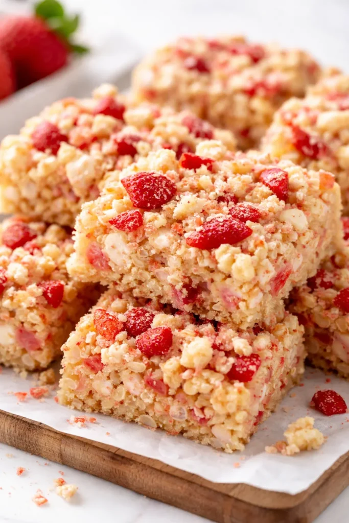 Golden brown strawberry shortcake rice krispie treats topped with fresh strawberries and whipped cream, showing crispy texture and creamy topping.