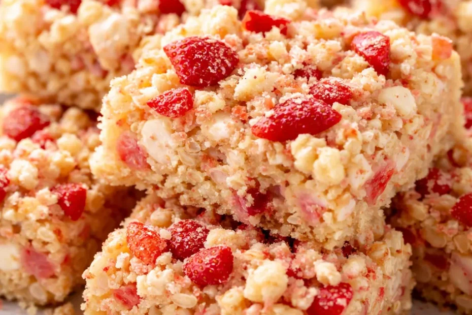 Golden brown strawberry shortcake rice krispie treats topped with fresh strawberries and whipped cream, showing crispy texture and creamy topping.