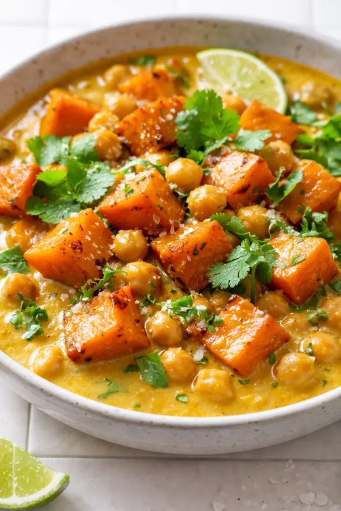 Creamy sweet potato and chickpea curry in a bowl, garnished with cilantro, with a rich orange hue and tender chickpeas.