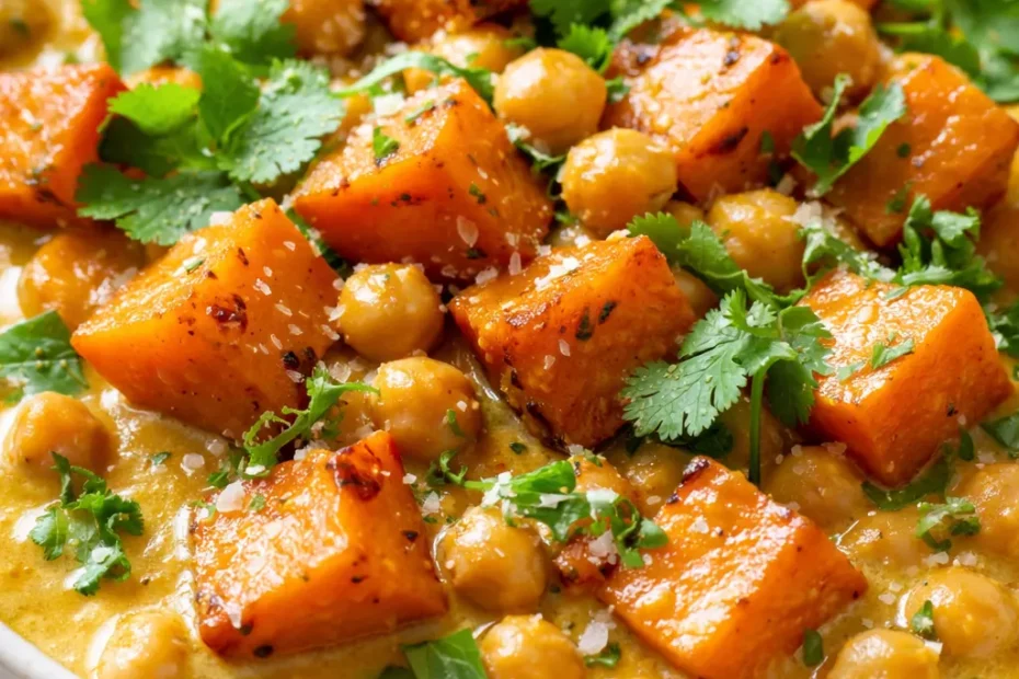 Creamy sweet potato and chickpea curry in a bowl, garnished with cilantro, with a rich orange hue and tender chickpeas.