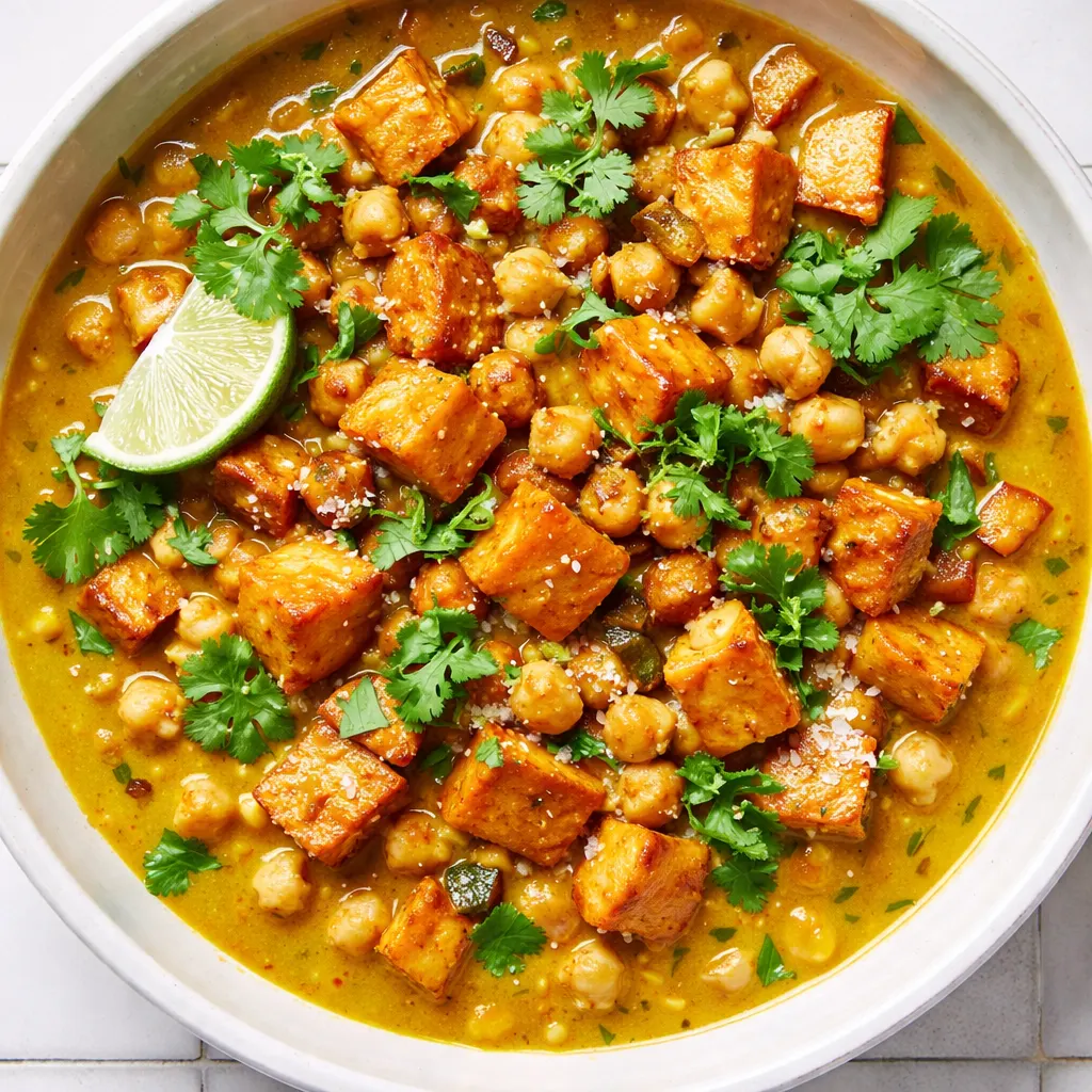 Stirring a creamy sweet potato and chickpea curry with coconut milk, revealing a velvety orange sauce and tender chickpeas.