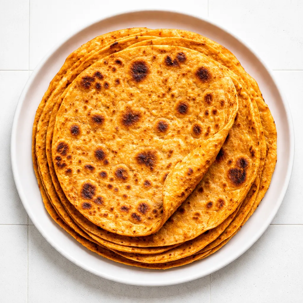 Stack of pliable sweet potato tortillas with vibrant orange color and soft, moist texture, no dry edges in sight.