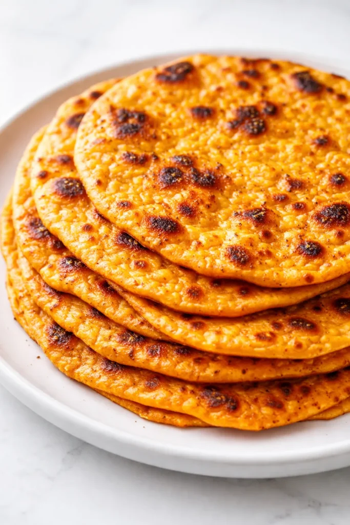 Stack of soft golden orange sweet potato tortillas that stay pliable for days, no dry edges.