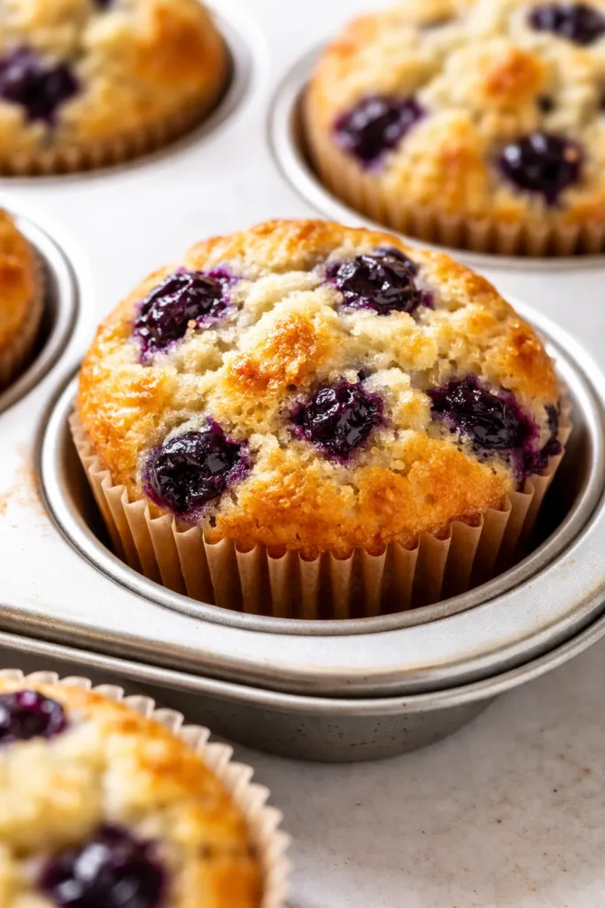 Tall bakery-style blueberry muffins with golden domed tops studded with juicy blueberries, displayed on a rustic wooden board.