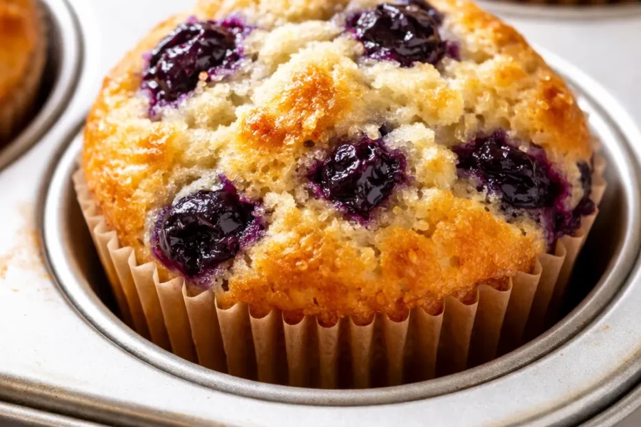 Tall bakery-style blueberry muffins with golden domed tops studded with juicy blueberries, displayed on a rustic wooden board.