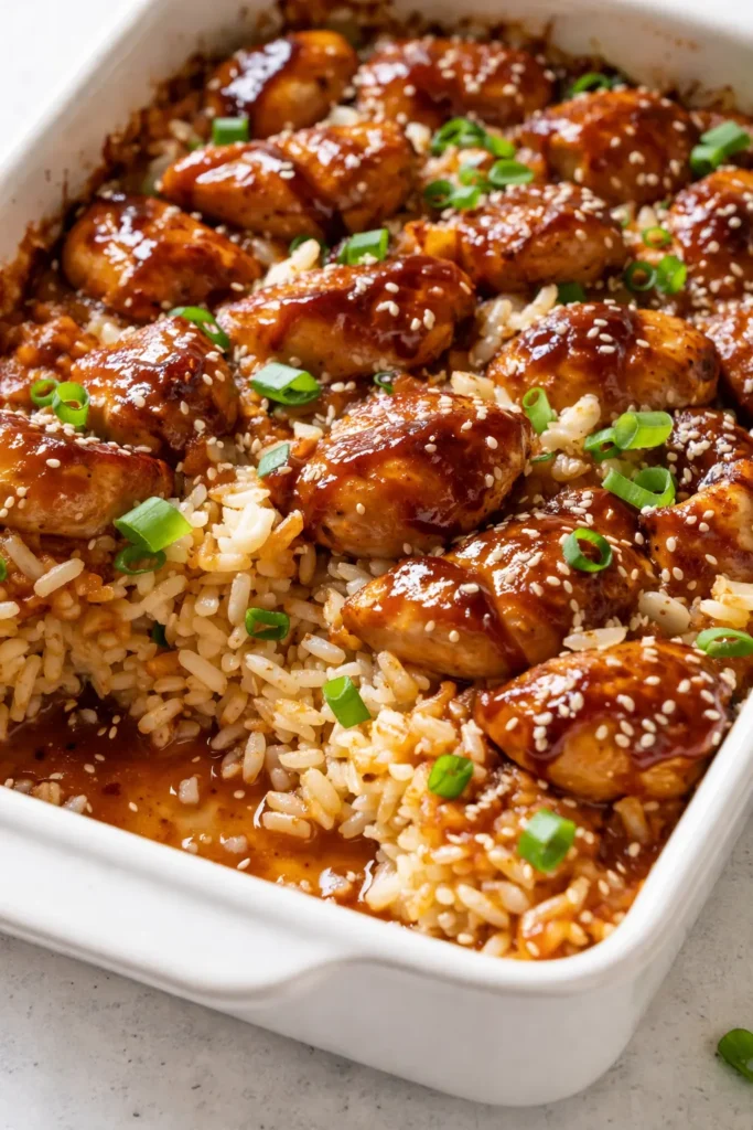 Glossy teriyaki chicken casserole with thick sauce coating noodles and broccoli, garnished with sesame seeds.