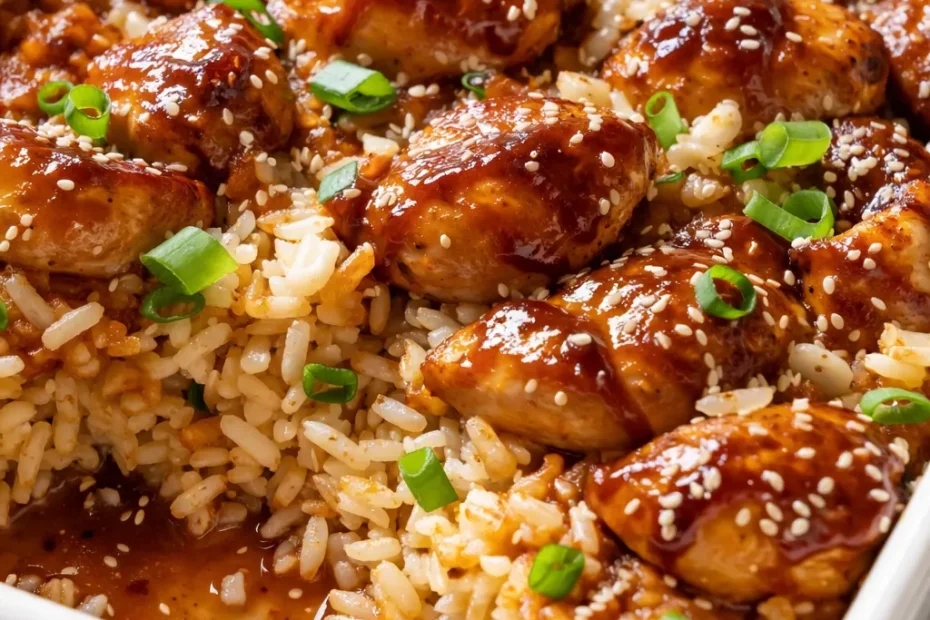 Glossy teriyaki chicken casserole with thick sauce coating noodles and broccoli, garnished with sesame seeds.