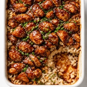 Glossy teriyaki chicken casserole with thick, rich sauce coating the chicken and vegetables in a baking dish.