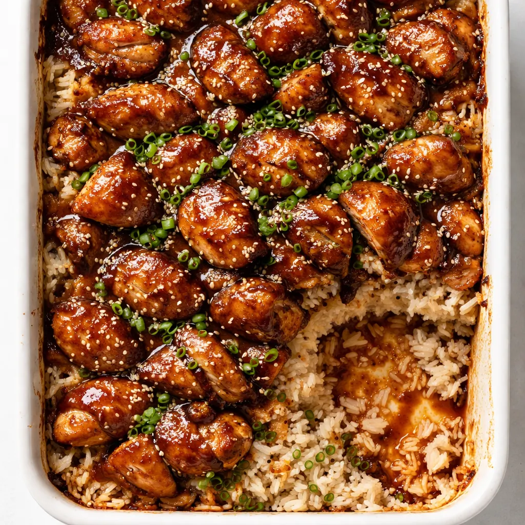 Glossy teriyaki chicken casserole with thick, rich sauce coating the chicken and vegetables in a baking dish.