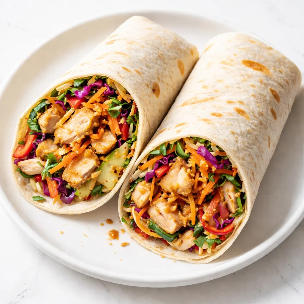 Crunchy Thai peanut chicken wrap with crisp vegetables and noodles on a tortilla, ready to be rolled