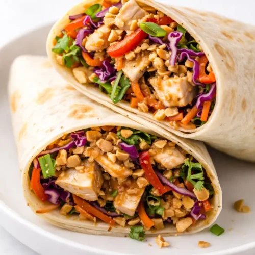 Fresh Thai peanut chicken wrap with crunchy vegetables and creamy peanut sauce, wrapped in a soft tortilla