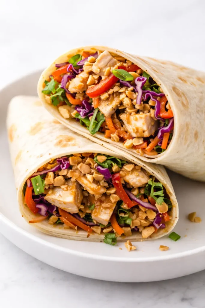 Fresh Thai peanut chicken wrap with crunchy vegetables and creamy peanut sauce, wrapped in a soft tortilla