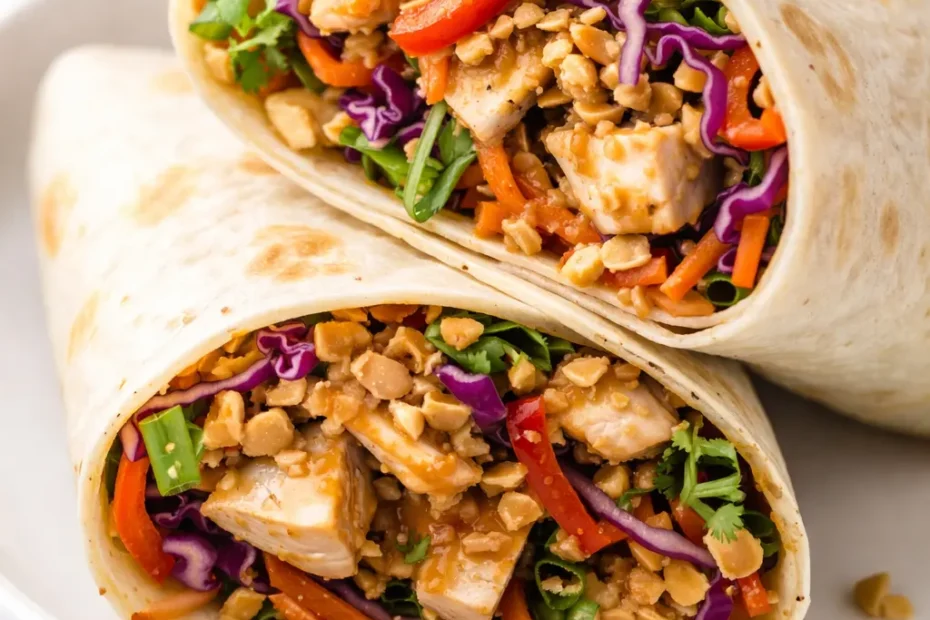 Fresh Thai peanut chicken wrap with crunchy vegetables and creamy peanut sauce, wrapped in a soft tortilla