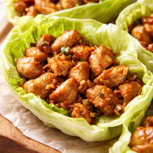 Crunchy Thai peanut chicken wraps with golden chicken, crisp lettuce, and creamy peanut sauce drizzled on top.