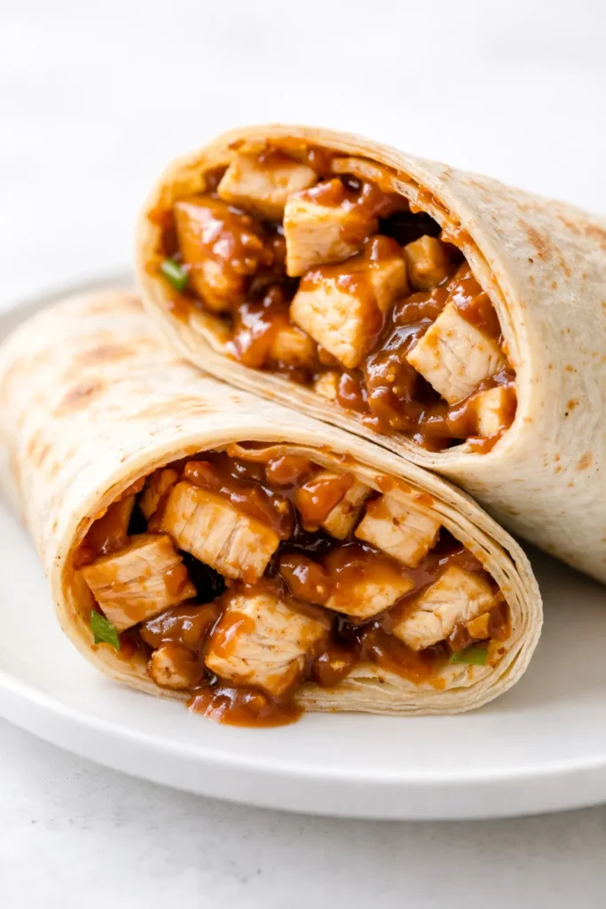 Fresh Thai peanut chicken wraps with crunchy vegetables, shredded carrots, and a drizzle of creamy peanut sauce, garnished with cilantro.
