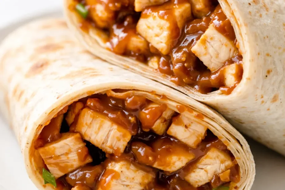 Fresh Thai peanut chicken wraps with crunchy vegetables, shredded carrots, and a drizzle of creamy peanut sauce, garnished with cilantro.