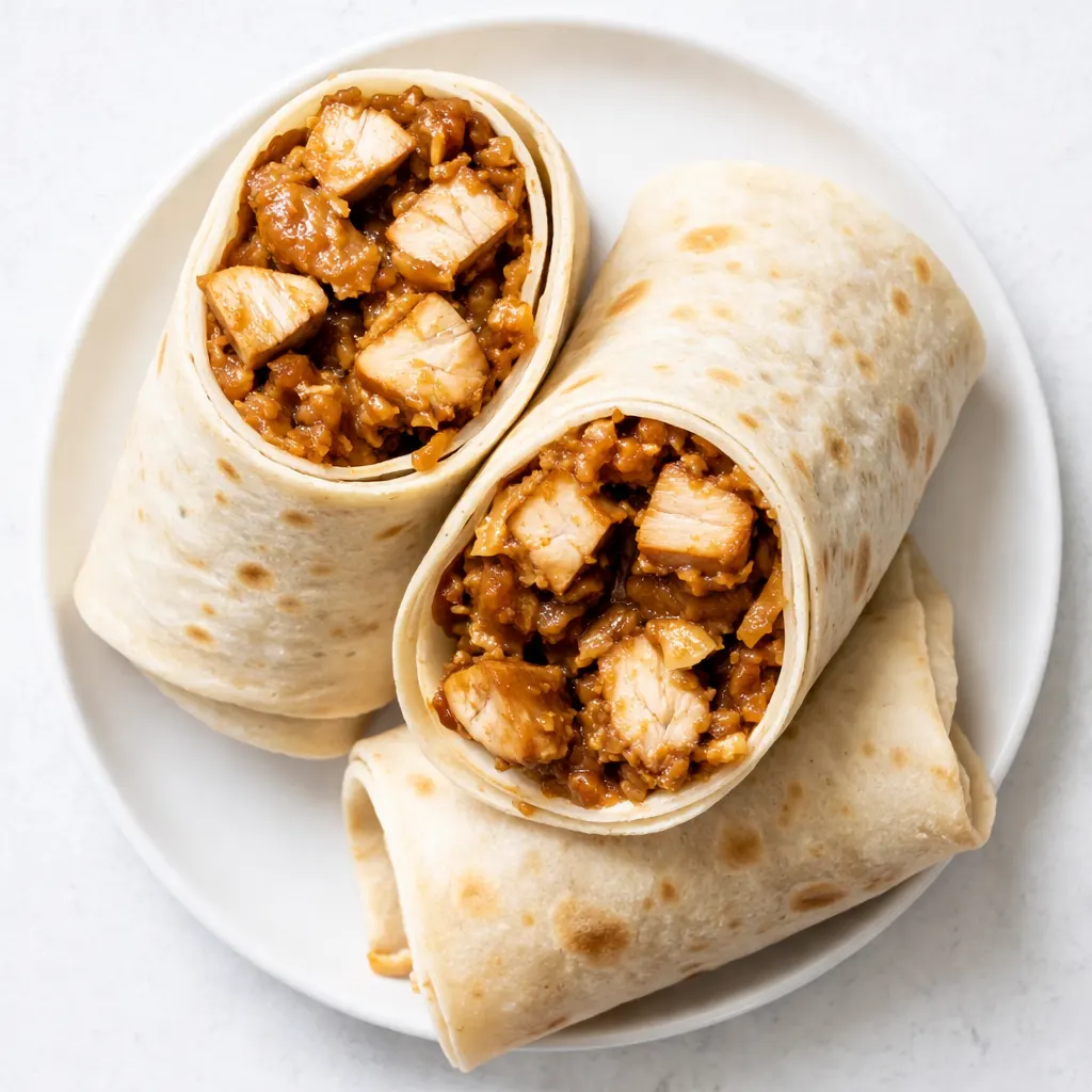 Hand wrapping a Thai peanut chicken wrap with crunchy vegetables and creamy peanut sauce in a soft tortilla.