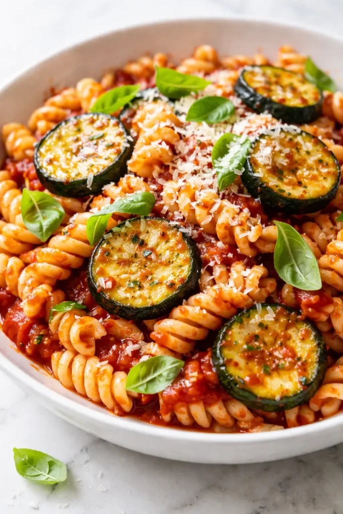 Bowl of tomato zucchini pasta with fresh herbs, tender zucchini slices, and al dente spaghetti in a rich tomato sauce.