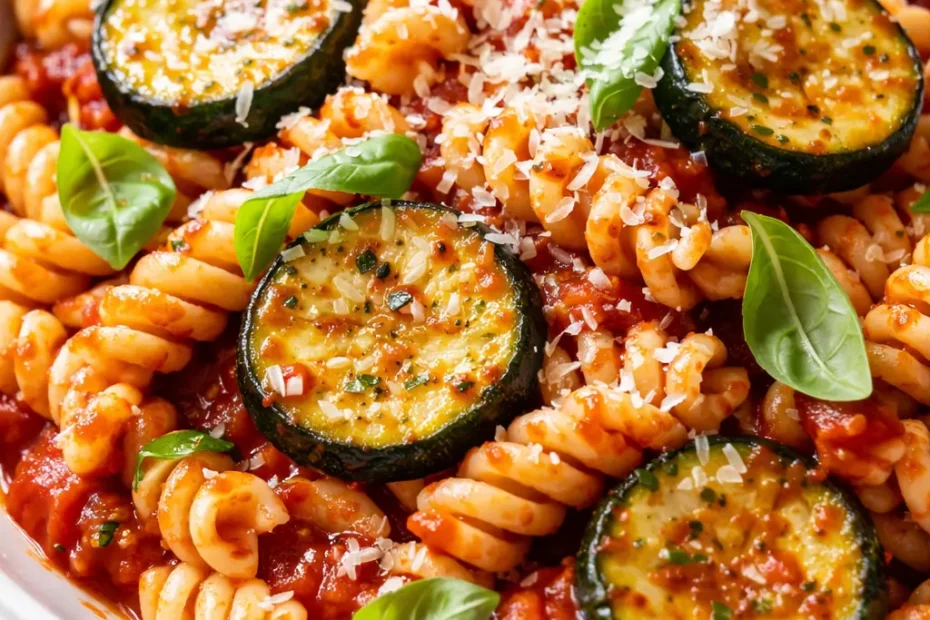 Bowl of tomato zucchini pasta with fresh herbs, tender zucchini slices, and al dente spaghetti in a rich tomato sauce.