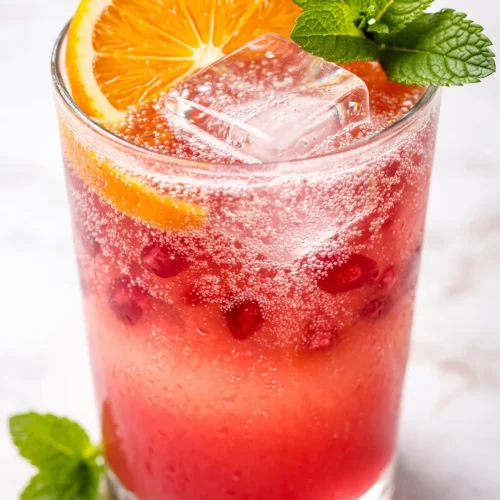 Vibrant orange-red tropical mocktail in a glass with ice, a pineapple slice, and a paper umbrella garnish.
