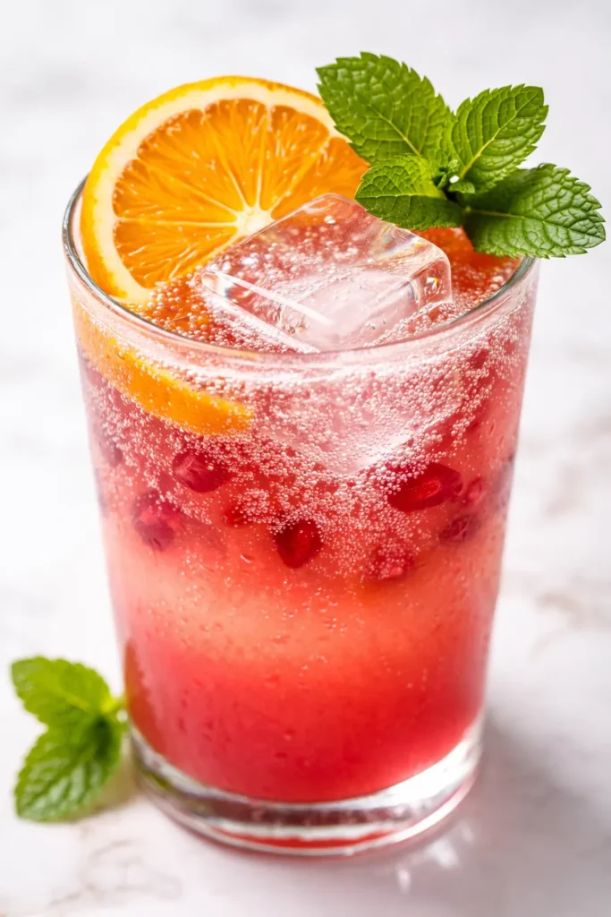 Vibrant orange-red tropical mocktail in a glass with ice, a pineapple slice, and a paper umbrella garnish.