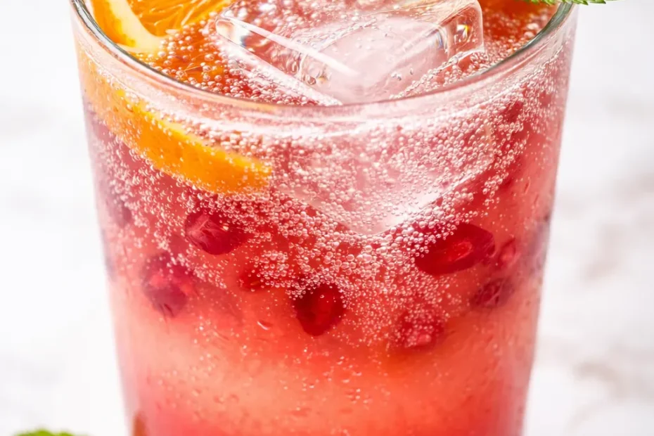 Vibrant orange-red tropical mocktail in a glass with ice, a pineapple slice, and a paper umbrella garnish.