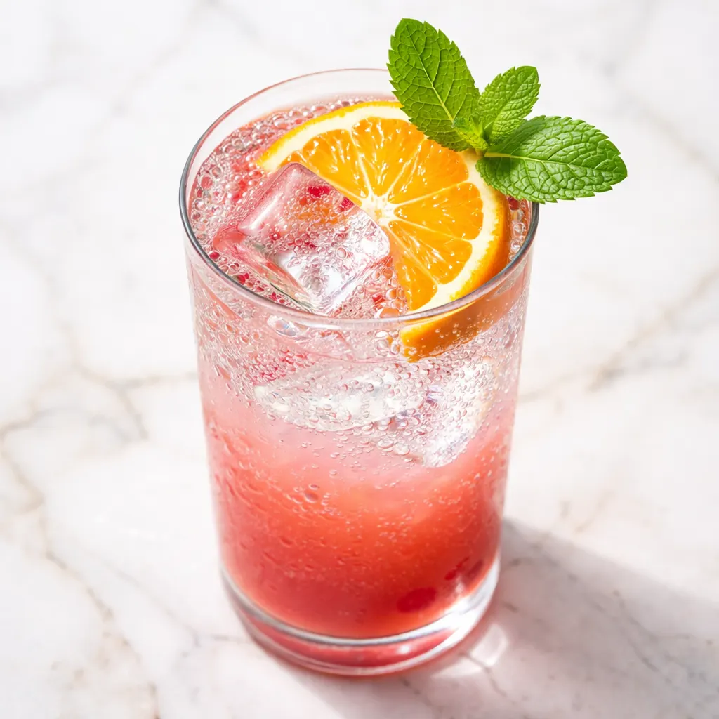 A vibrant tropical mocktail in a tall glass with ice, garnished with a pineapple wedge and mint, looking like a cocktail.