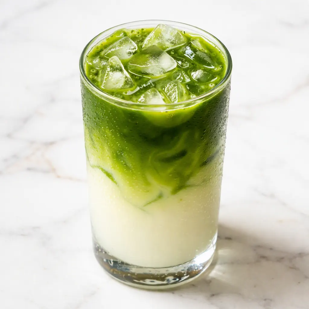 Whisking matcha powder into cold milk with vanilla syrup, creating a frothy green vanilla matcha iced tea.