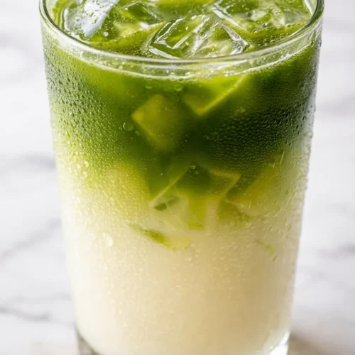 Tall glass of vanilla matcha iced tea with vivid green and white milk layers over ice cubes