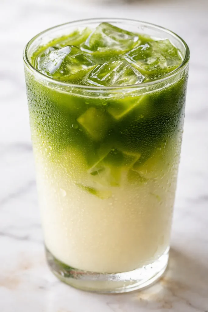 Tall glass of vanilla matcha iced tea with vivid green and white milk layers over ice cubes