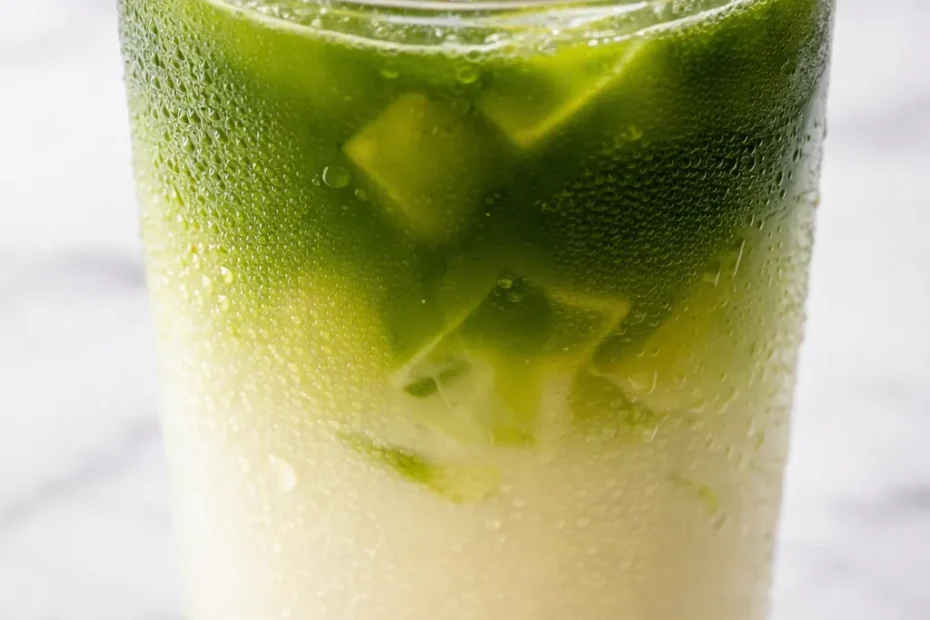 Tall glass of vanilla matcha iced tea with vivid green and white milk layers over ice cubes