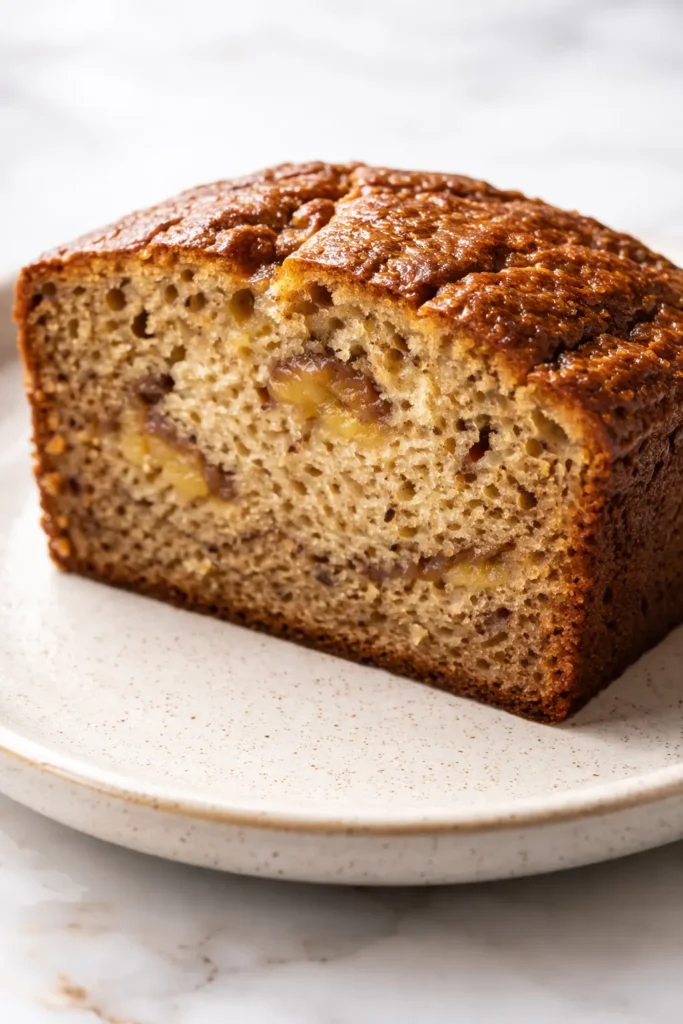 Moist velvet banana bread slice with tender golden crumb and a pat of melting butter on a rustic plate.