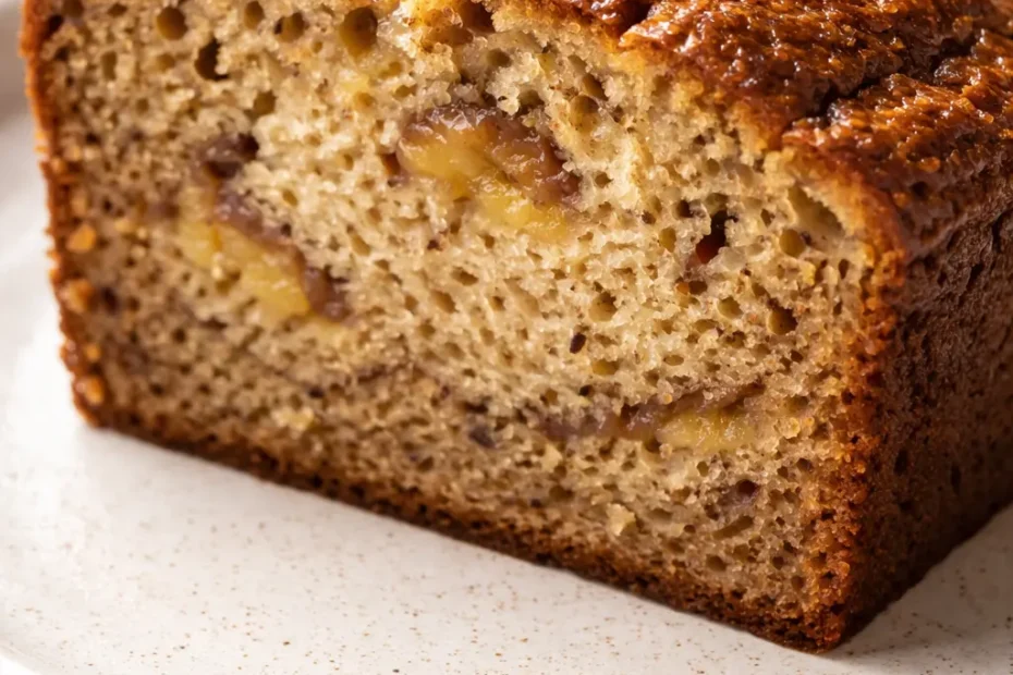 Moist velvet banana bread slice with tender golden crumb and a pat of melting butter on a rustic plate.