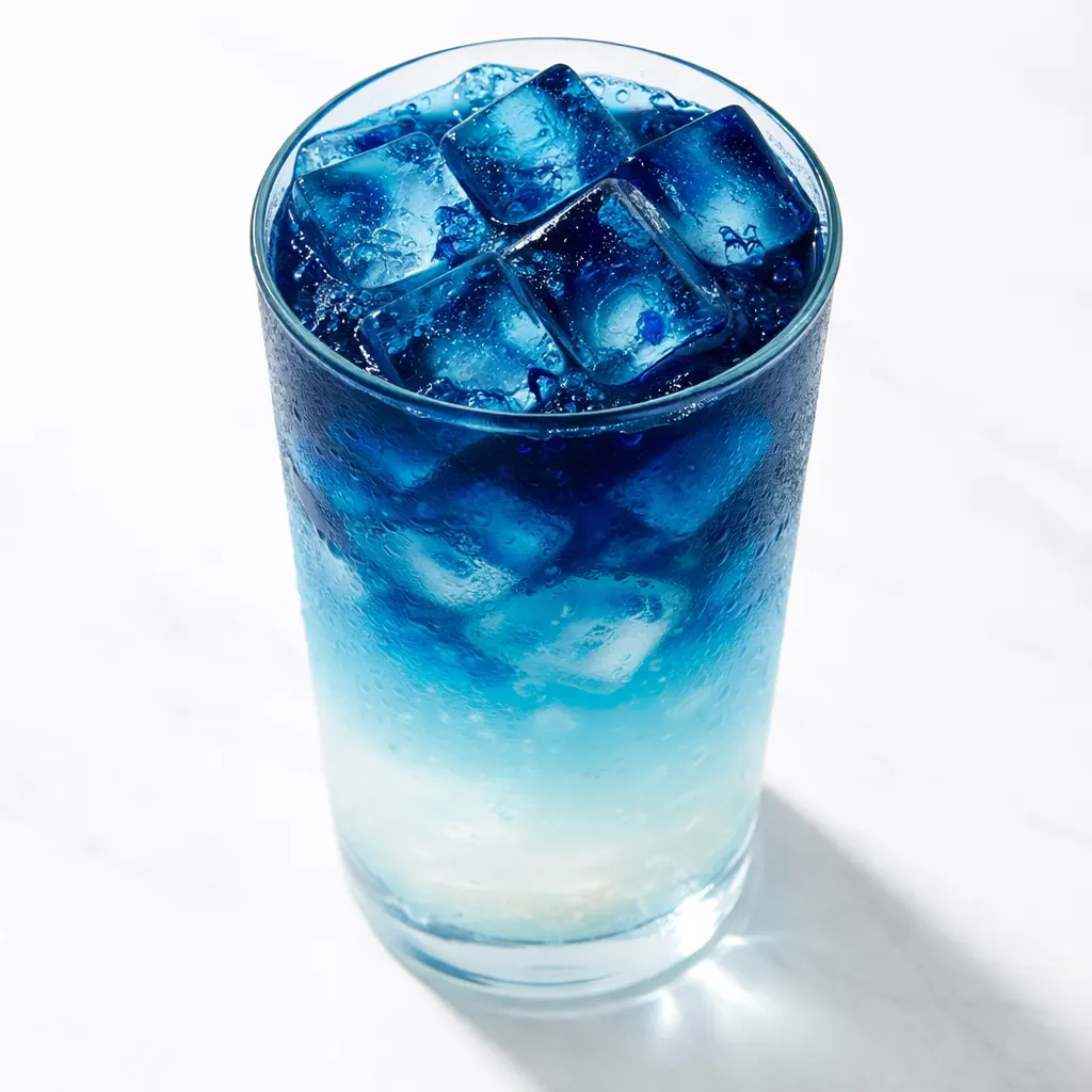 Vibrant ocean latte with a natural gradient of deep blue to soft lavender, creamy texture in a clear glass.