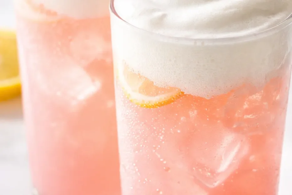 Tall glass of whipped pink lemonade with a thick white foam layer on top, garnished with a lemon slice.