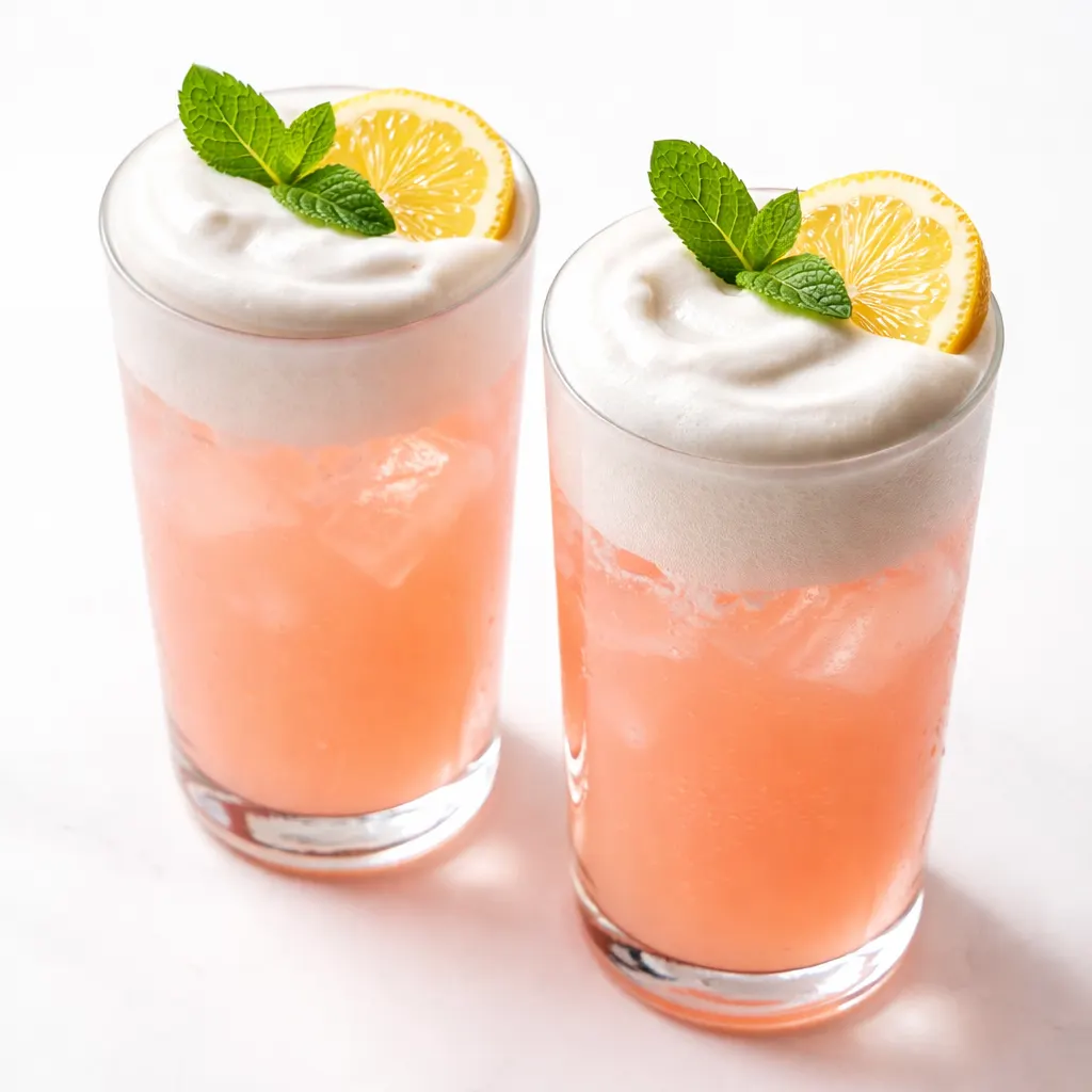 Whipped pink lemonade with thick pink foam floating on top, contrasting creamy foam with bright pink liquid below
