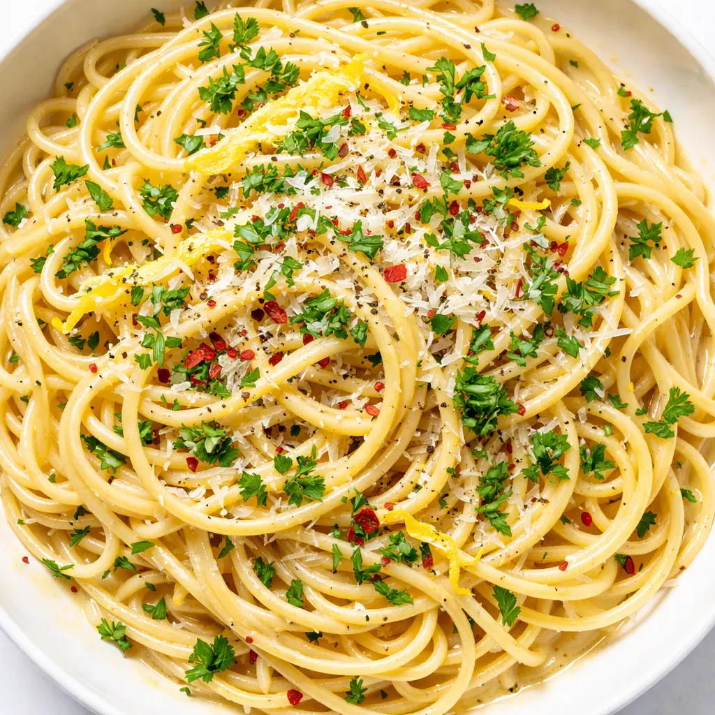 White wine poured into a skillet with pasta, garlic, and fresh herbs creating a simmering sauce.