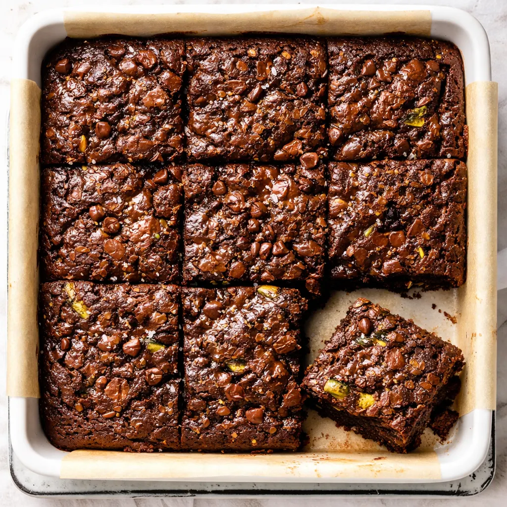 Dark chocolate brownie batter with grated zucchini strands folded in, glossy and thick texture.